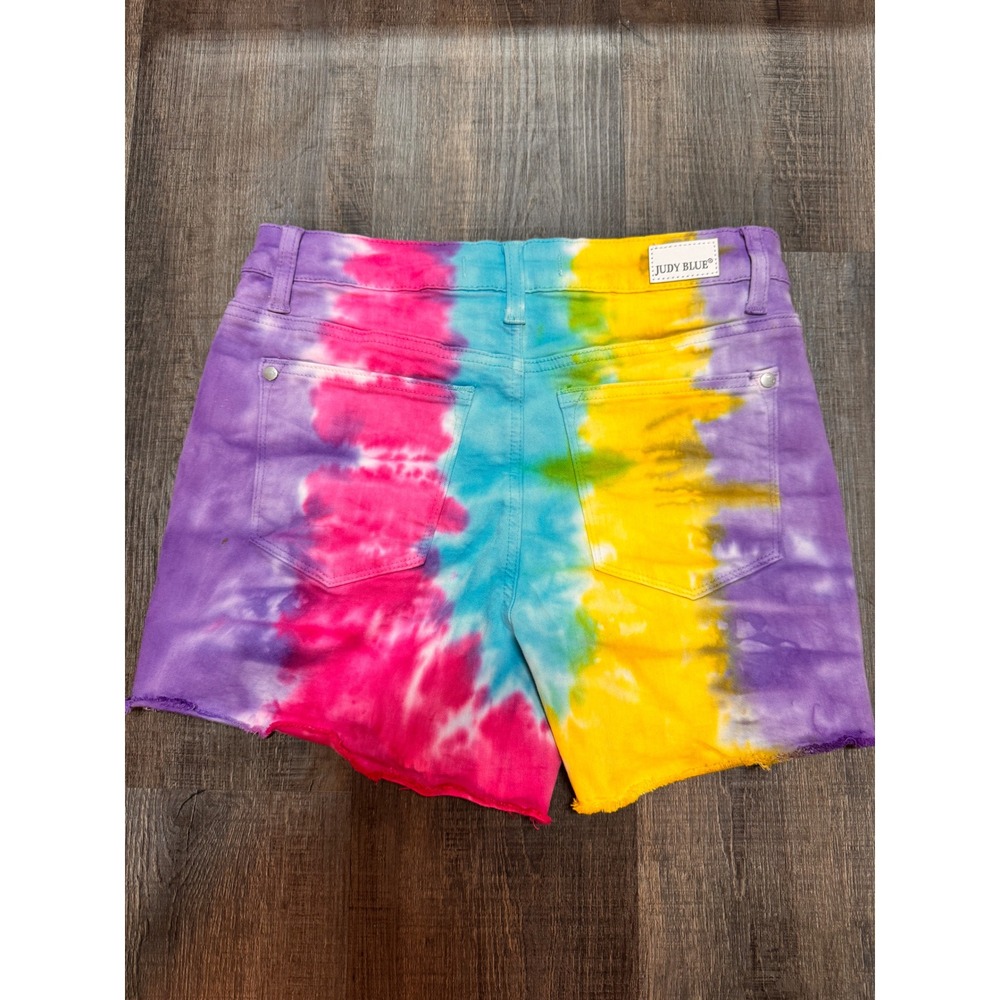 Judy Blue Rainbow Tie Dye Denim Shorts High Waist Raw Hem JB150065 Womens Small - Picture 4 of 6